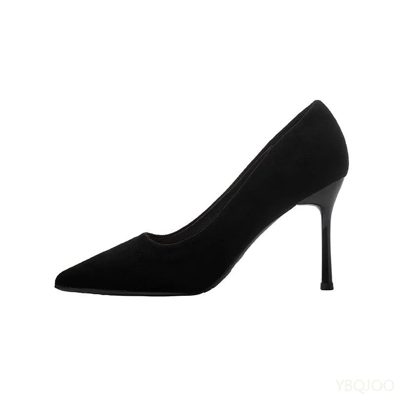 Women’s Black Pointed Suede High Heels – Elegant Shallow Pumps