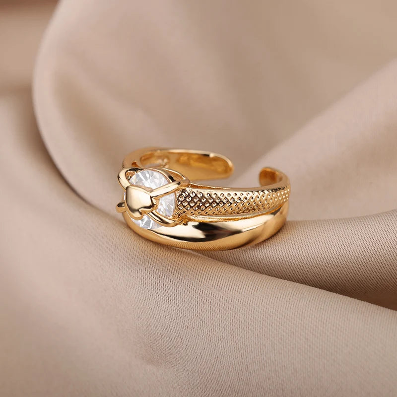 Gold Intertwined Heart Zircon Open Ring for Women