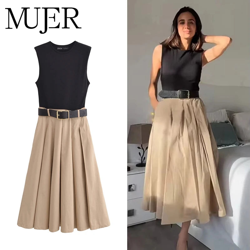 Women’s Pleated Midi Dress – Sleeveless Knitted Summer Sundress with Belt