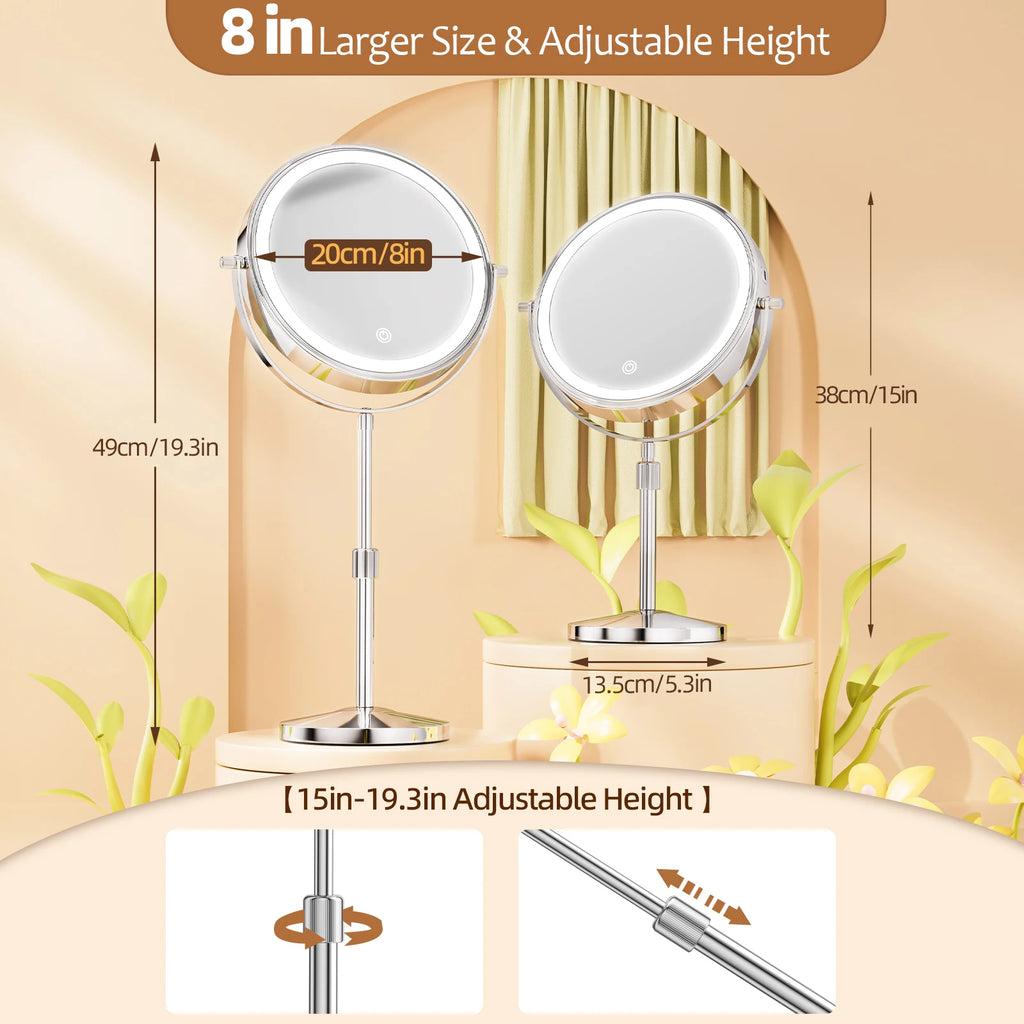 3-Color LED Makeup Mirror – 10X Magnification, 8 Inch, Adjustable Brightness & Height