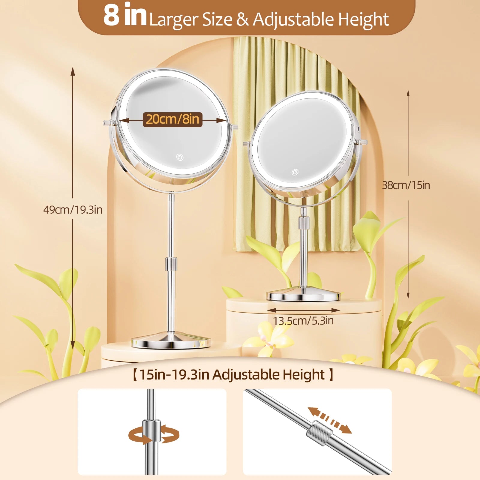 3-Color LED Makeup Mirror – 10X Magnification, 8 Inch, Adjustable Brightness & Height